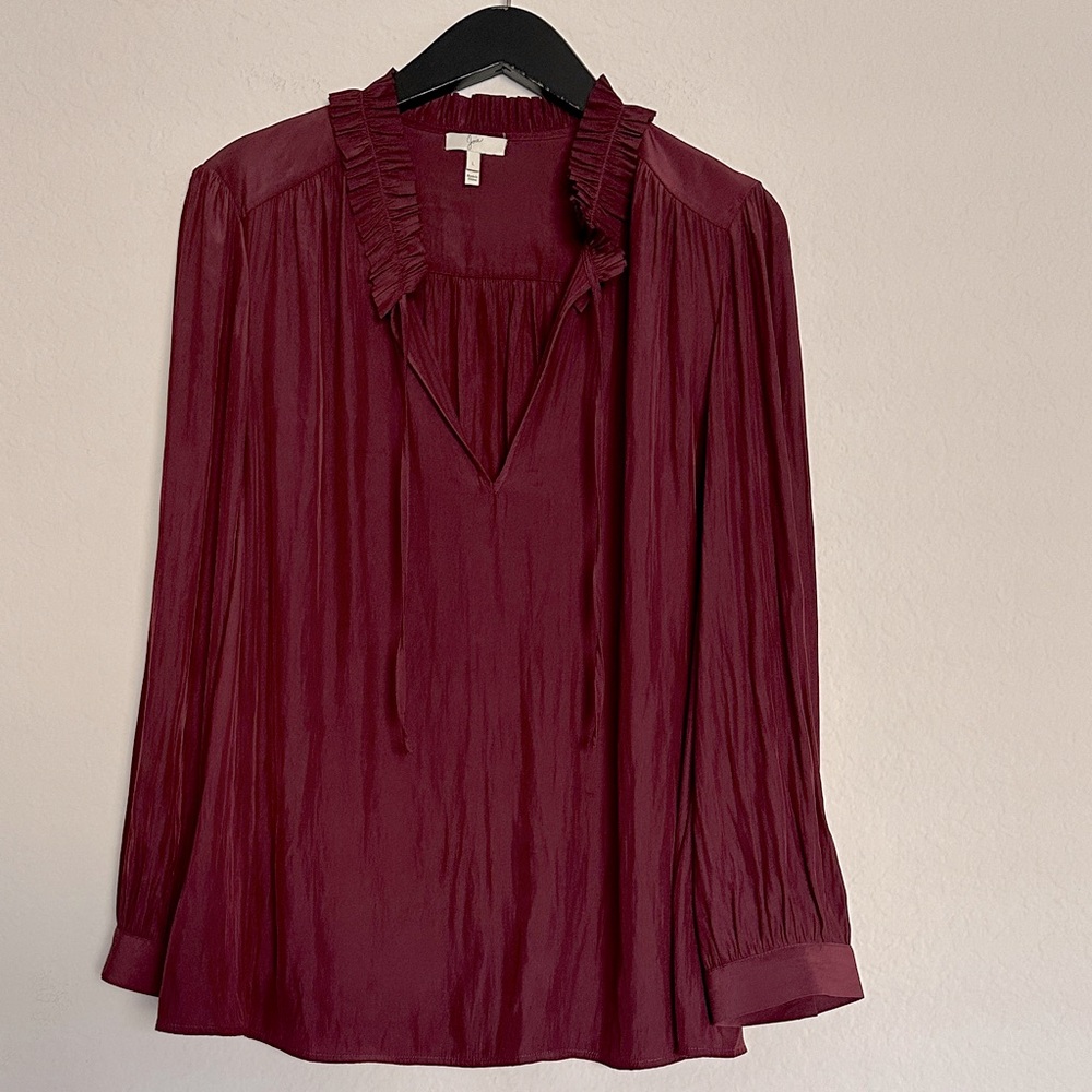 Joie - Long Sleeve Ruffled Neck Tie Top in Merlot Burgundy